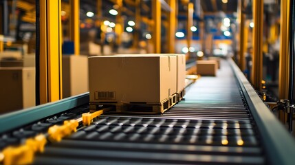 Poster - Efficient automated warehouse conveyor system transporting cardboard boxes for distribution in an industrial factory setting.
