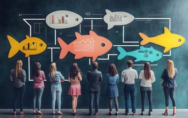 Poster - Group of people analyzing data and trends on fish diagrams, concept for teamwork, strategy planning, and data visualization in business.