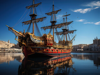 Superb Vintage frigate on the bank of the neva river with a colorful sunset in saint petersburg