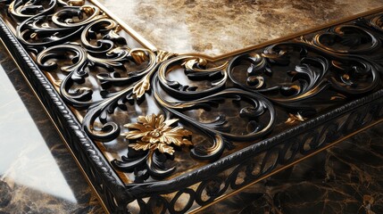 Intricate wrought iron design with classic black and gold patterns on a marble surface