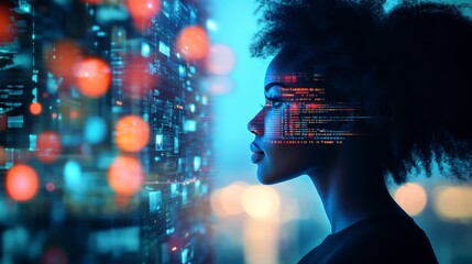 Poster - AI Cybersecurity Threat. African American Female IT Specialist Analyzing Data, AR AI Collage, Side Profile