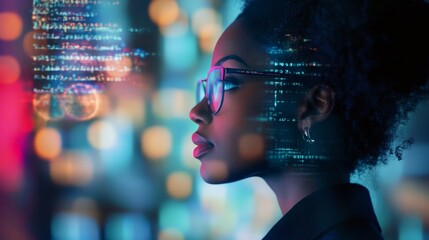 Poster - AI Cybersecurity Threat. African American Female IT Specialist Analyzing Data, AR AI Collage, Side Profile