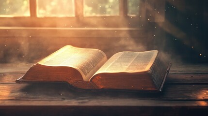 Old Bible open on a wooden table, illuminated by gentle sunlight, surrounded by a foggy, ethereal atmosphere.