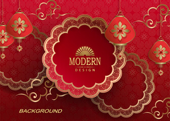 Wall Mural - Great textured background in red with a round frame and golden clouds.