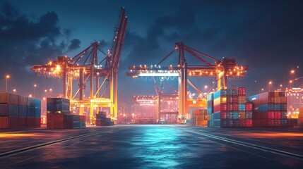 Nighttime shipyard, illuminated cranes and containers, 3D illustration 