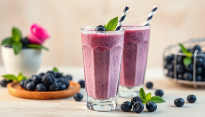 Wall Mural - Two glasses of blueberry smoothies with a bunch of blueberries on the table