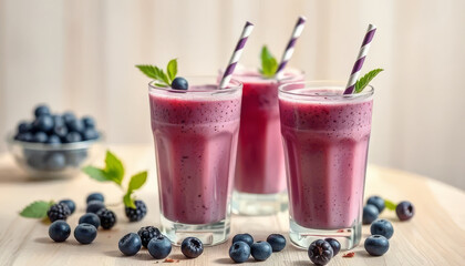 Wall Mural - Three glasses of purple smoothies with blueberries and green leaves on the side