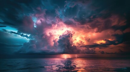 dramatic stormy sky with lightning over the sea