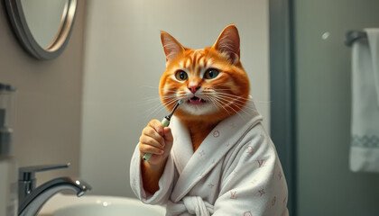 Wall Mural - A cat is brushing its teeth in a bathroom