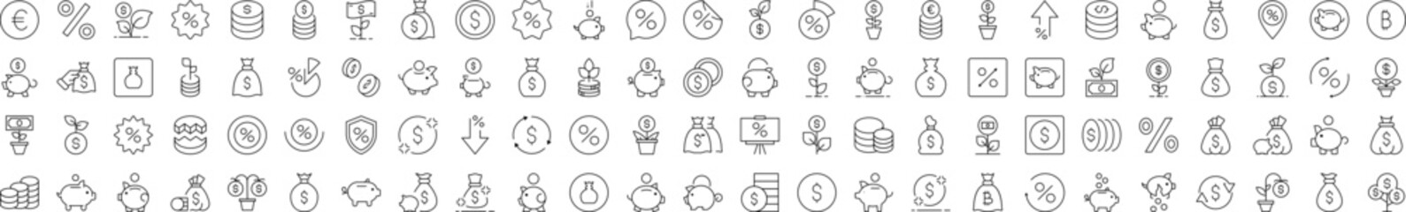 Wall Mural - Finance Line Icon Set. Modern Collection for Design, Web Sites, Apps, Cards. Contains Linear Images of Piggy Bank, Percent, Coin, Tree Money