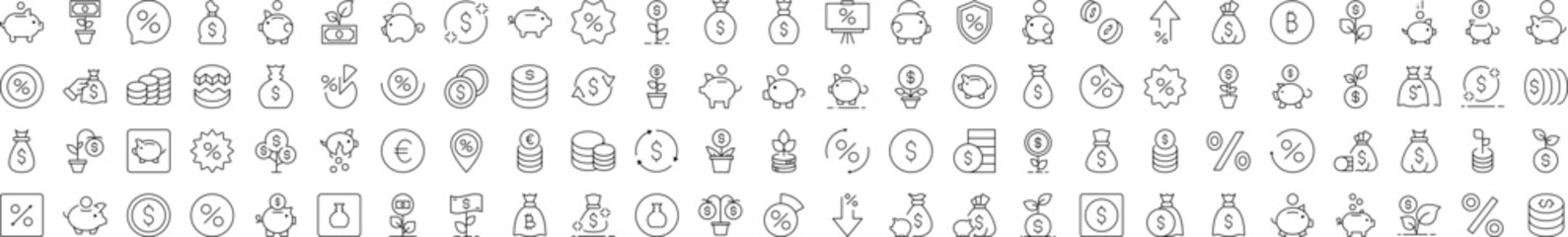 Wall Mural - Finance Line Icon Bundle. Modern Collection for Design, Web Sites, Apps, Cards. Contains Linear Images of Piggy Bank, Percent, Coin, Tree Money