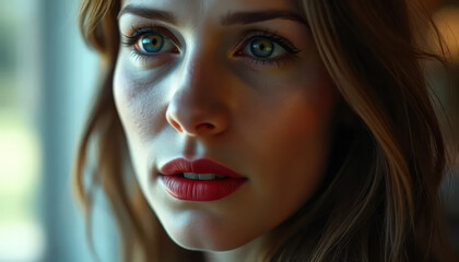 A woman with long brown hair and blue eyes is wearing red lipstick