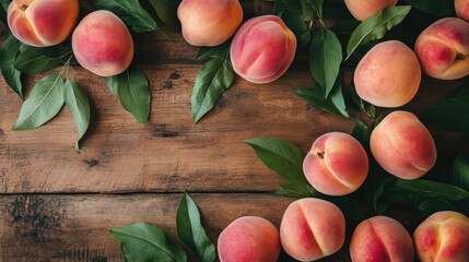 A rustic wooden table adorned with pink peaches and green leaves, creating a vibrant display of fresh summer fruit.