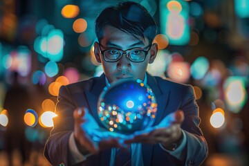 Businessman with crystal ball, night business crowd, bokeh lights, AI technology, standout leader photo.