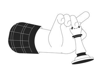 Poster - Moving queen chess piece cartoon human hand outline illustration. Tactical chesspiece. Queen gambit 2D isolated black and white vector image. Competitive game flat monochromatic drawing clip art