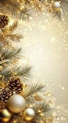 Wall Mural - golden background with pine cones and golden christmas decorations, golden lights, a new year atmosp