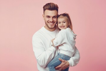 Father lifting daughter, smiling at each other, showcasing love and happiness against pink studio backdrop. Fatherhood joy concept.