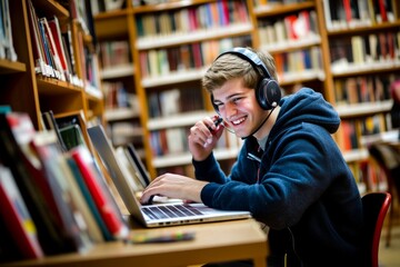 Poster - Student in wireless headphones looking at laptop and smiling, talking on video call from college library