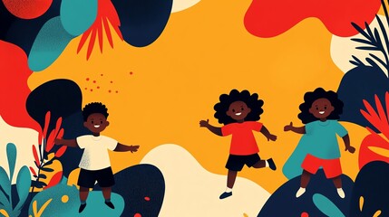 Colorful illustration of joyful children playing together in a vibrant environment filled with abstract shapes and lively colors.