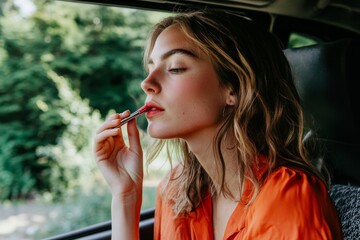 A young, attractive female European looks in the rearview mirror and does her makeup while driving, while sitting at the wheel