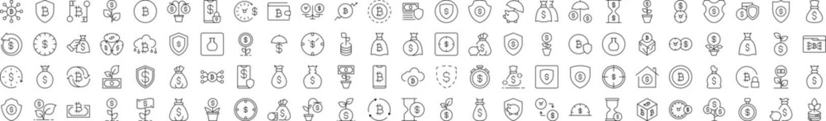 Wall Mural - Simple Linear Illustration of Insurance and Money Savings. Contains Icons of Dollar, Shield, Bag, Wallet that Can Be Used for Design of Cards, Posts, Apps, Web Sites