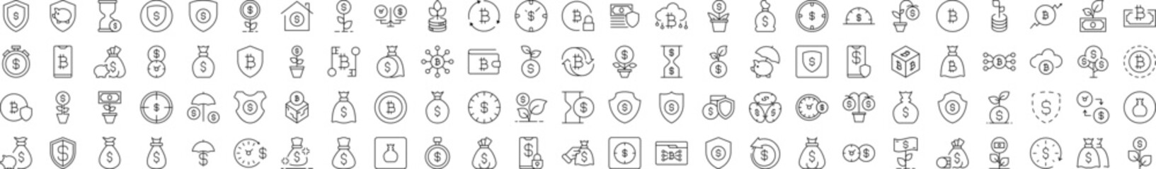 Wall Mural - Insurance and Money Savings Simple Linear Illustrations. Contains Icons of Dollar, Shield, Bag, Wallet that Can Be Used for Design of Cards, Posts, Apps, Web Sites