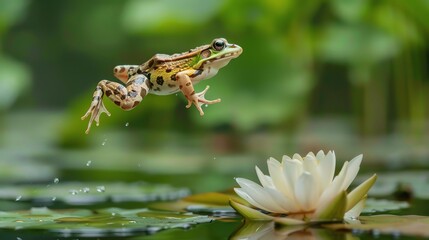 A frog leaps towards a water lily.