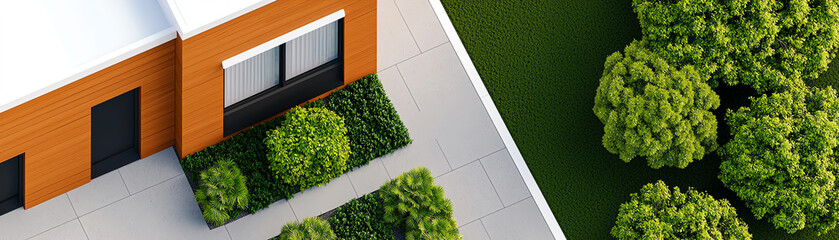 Aerial view of a modern house with vibrant greenery, showcasing contemporary architecture and landscaping design.