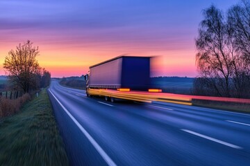 Wall Mural - A transport truck speeding down a rural road at dawn, with motion blur emphasizing the early start and efficiency in long-distance logistics