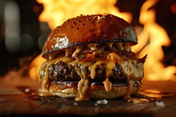 Sticker - Close-up of a burger with melted cheese dripping down, with fire in the background highlighting the heat