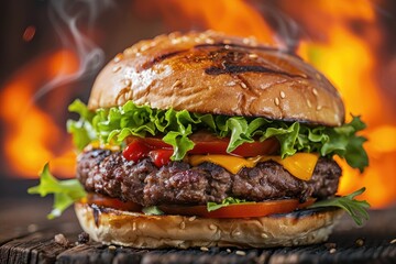 Wall Mural - Close-up of a burger with lettuce, tomato, and a fiery background, emphasizing the grilling heat