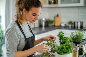 Beautiful woman in a bright, airy kitchen, arranging fresh herbs and spices on the counter, with a focused expression as she prepares to cook a homemade dish