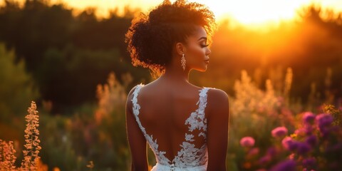 Wall Mural - Portrait of a beautiful bride standing in a meadow at golden hour