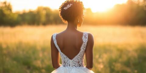 Wall Mural - Portrait of a beautiful bride standing in a meadow at golden hour