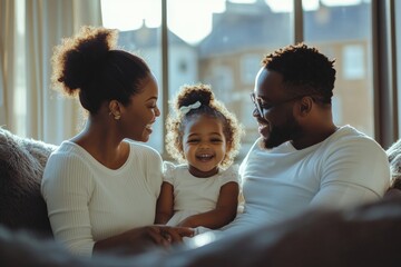 Wall Mural - Three loving black parents resting at home with their cute little daughter on a sofa in their living room interior.