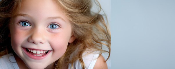 Wall Mural - A joyful child with light blonde hair and blue eyes smiles brightly against a simple background