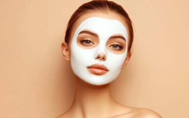 Wall Mural - A young European woman poses with a facial mask, enjoys beauty treatments, and stares at the camera over a beige studio background