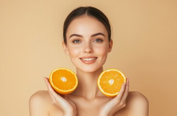 The effects of vitamin C on skin. Happy woman with organic slices of citrus fruits, dermatology or healthy wellness health.