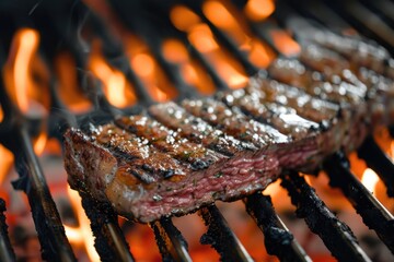 Wall Mural - Thick steak grilling over open flames, close-up shot