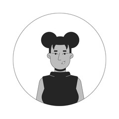 Poster - Black woman afro hair two buns black and white 2D vector avatar illustration. African american female cute hairstyle outline cartoon character face isolated. Casual flat user profile image portrait