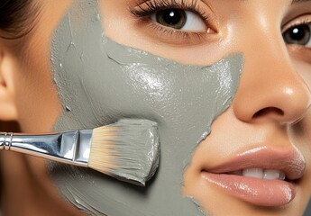 Wall Mural - A spa salon beautician applies grey natural clay face mask to a young woman enjoying wellness treatments and skin care.