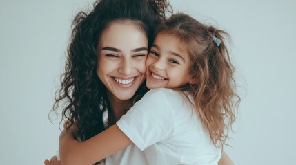 Mother-daughter love. A happy Latin mother hugs her child, a family bonding and sharing time together, panorama, copyspace.