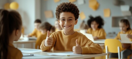 Poster - the portrait shows a smiling latin schoolboy with thumbs up and smiling, seated at his desk in his c