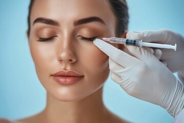 Wall Mural - An individual with a blue background and a free space draws contours of a women's face with a black pen before going under the knife, a young woman who is getting plastic surgery for a face-lift.