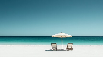 Poster - A minimalist scene featuring a beach umbrella and two chairs on pristine white sand, creating a serene and uncluttered coastal setting.