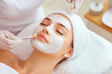 Wall Mural - Cosmetologist applying white mask with brush to beautiful woman's face at spa salon. View on top, free space.