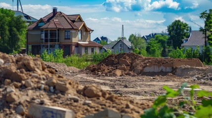 A construction site with a crane and a building in the background. Scene is one of progress and development