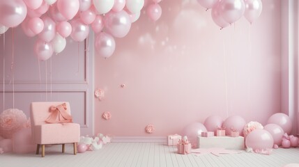 Pink interior with helium baloons and pastel colors. Neural network ai generated art