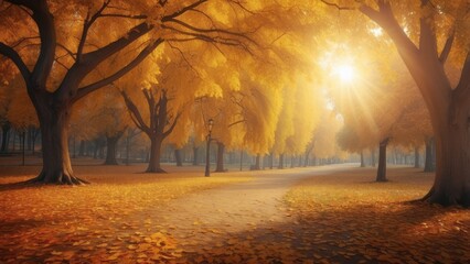 Wall Mural - Golden Autumn Pathway Through Sun-Drenched Foggy Forest