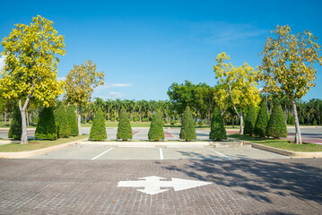 empty space in city park outdoor concrete parking lot area with blue sky in summer season. green nat